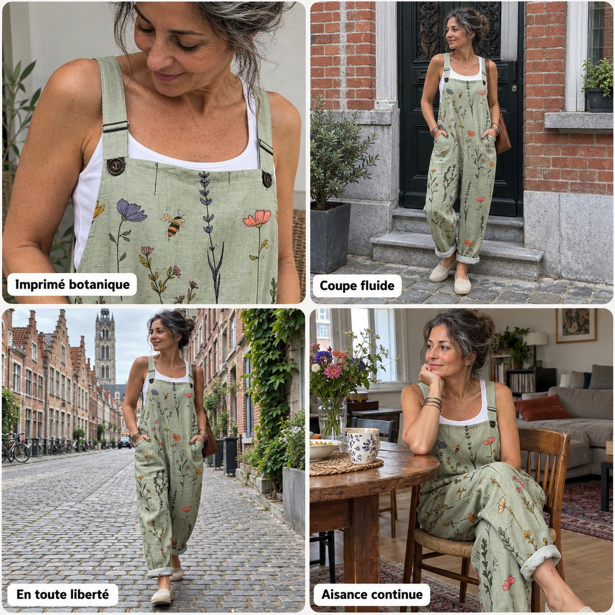 Roseline | Salopette femme fleurs sauge champêtre lumineuse