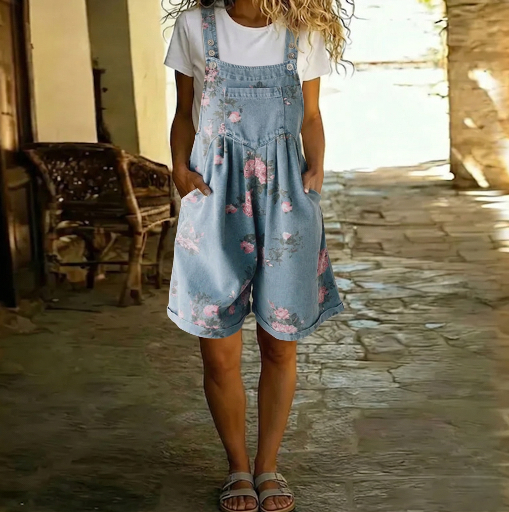Salopette Short en Jean Imprimé Fleurs