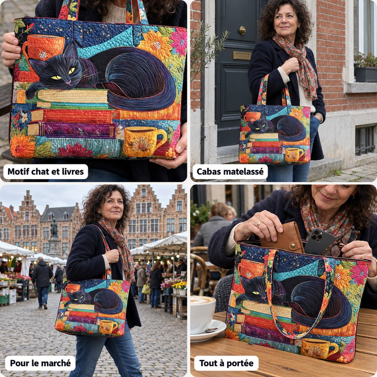 Simone | Sac cabas matelassé à motif chat, livres et tasses