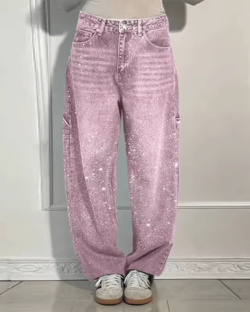 Juno | Pantalon patte d'éléphant rétro effet brillant Rose, photo studio