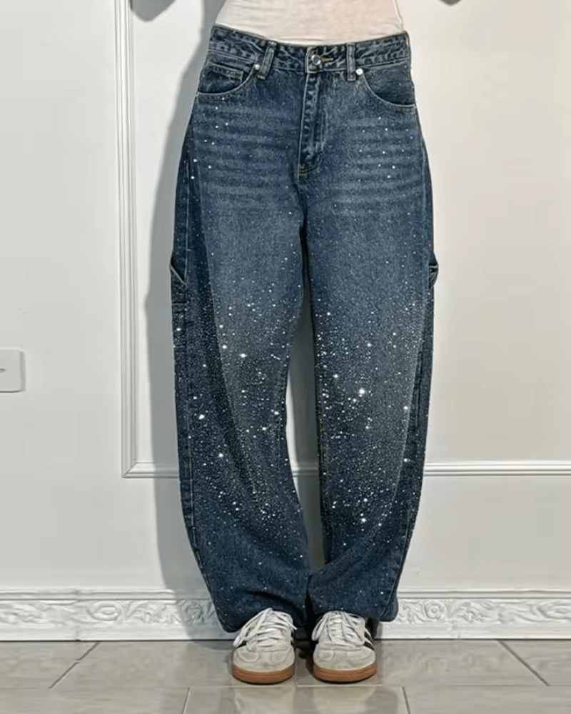 Juno | Pantalon patte d'éléphant rétro effet brillant Bleu foncé, photo studio