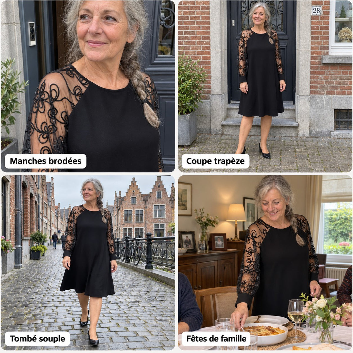 Stéphanie | Robe trapèze à manches longues brodées