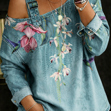 Top en Jean Épaules Dénudées Imprimé Fleurs