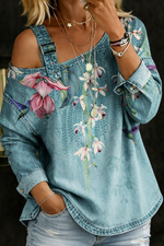 Top en Jean Épaules Dénudées Imprimé Fleurs