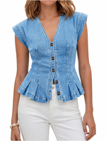 Top en Jean Sans Manches à Col V