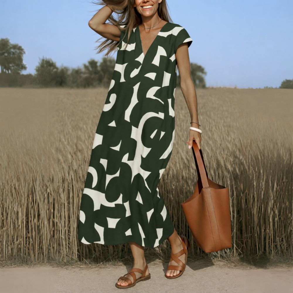 Margaux | Robe fluide imprimée à col V Vert, photo studio