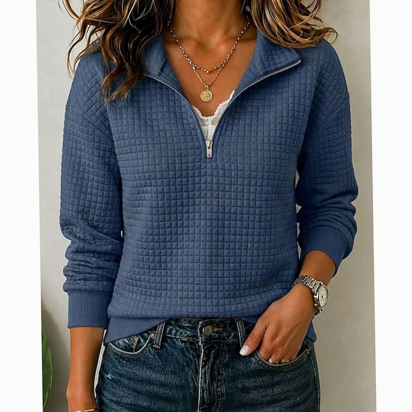 Doro | Pull quarter-zip en maille nid d'abeille Bleu marine, photo studio