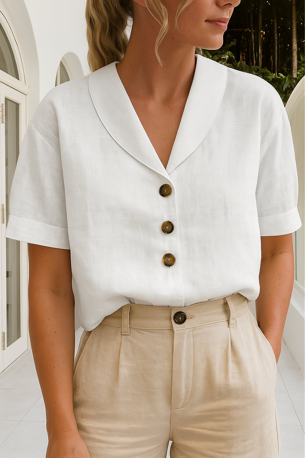 Ghislaine | Blouse à col chemise et manches courtes Blanc, photo studio