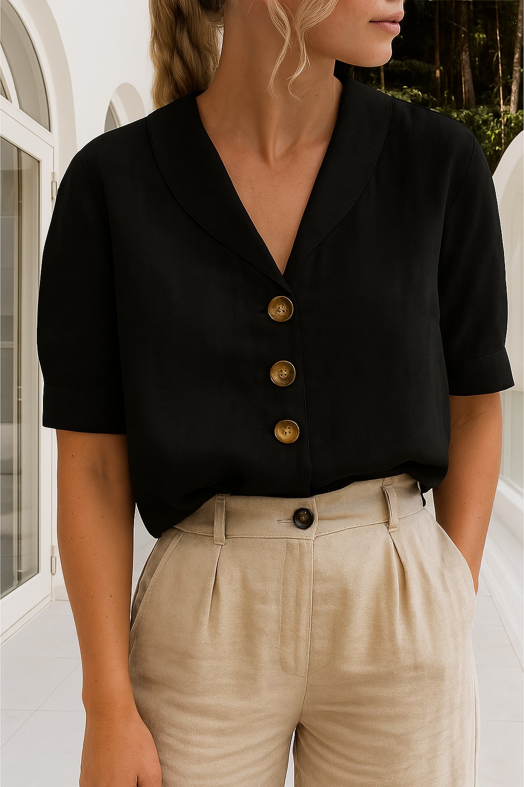 Ghislaine | Blouse à col chemise et manches courtes Noir, photo studio
