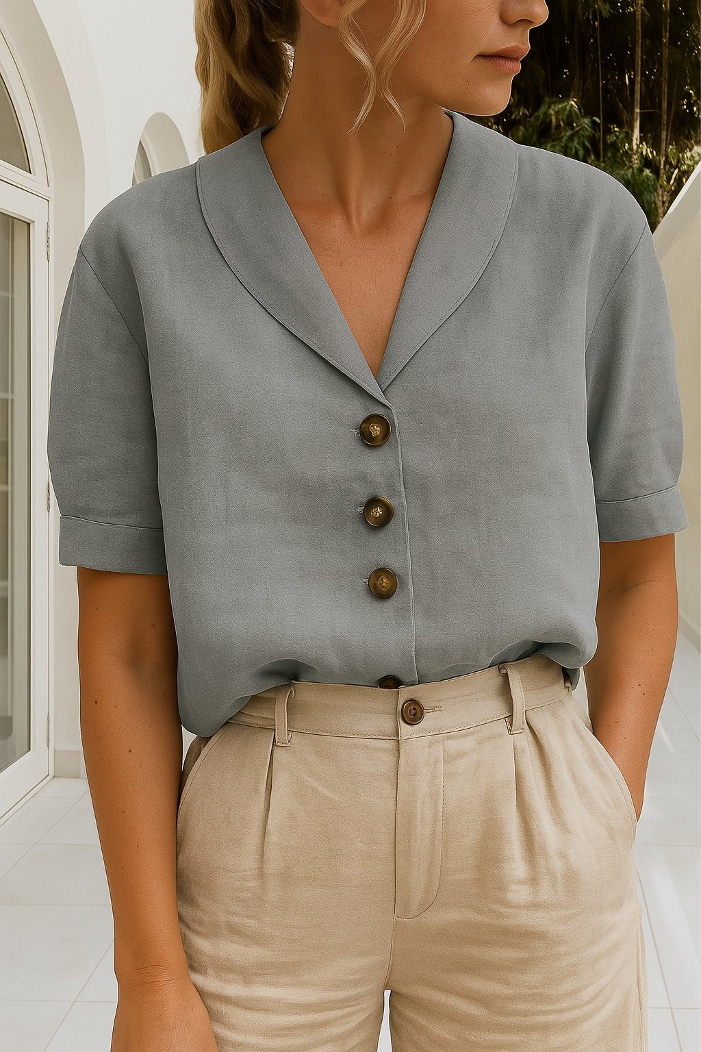 Ghislaine | Blouse à col chemise et manches courtes Gris, photo studio